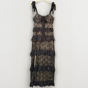 Show Me Your Mumu Monique Tie Maxi Dress L Black Lace Tiered Ribbon Straps